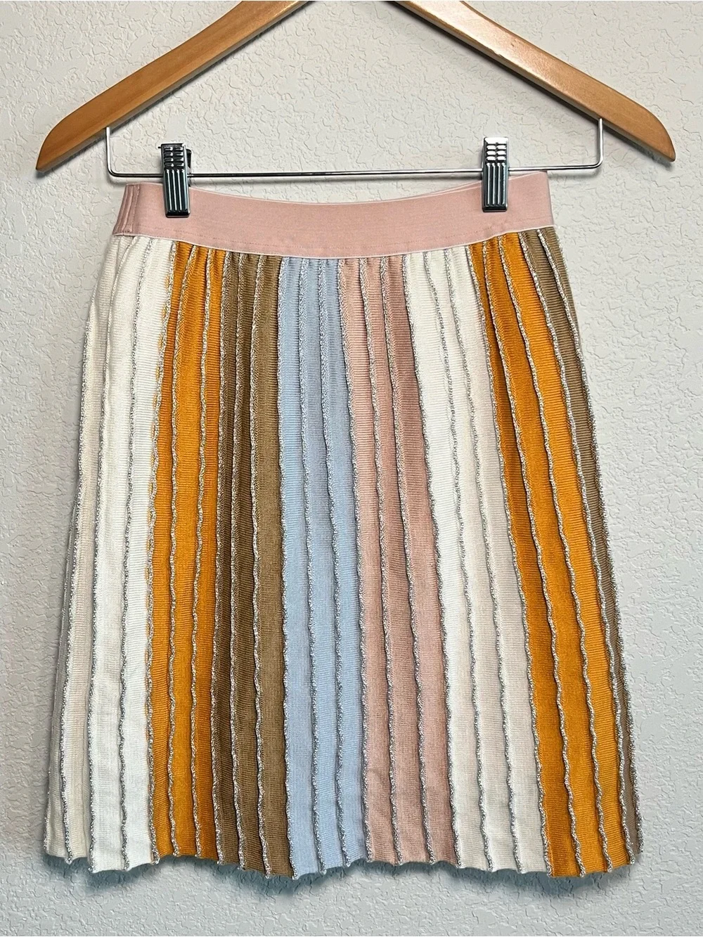 Eva Franco Anthropologie Pastel Striped Knit Mini Skirt Metallic Pinstripes
